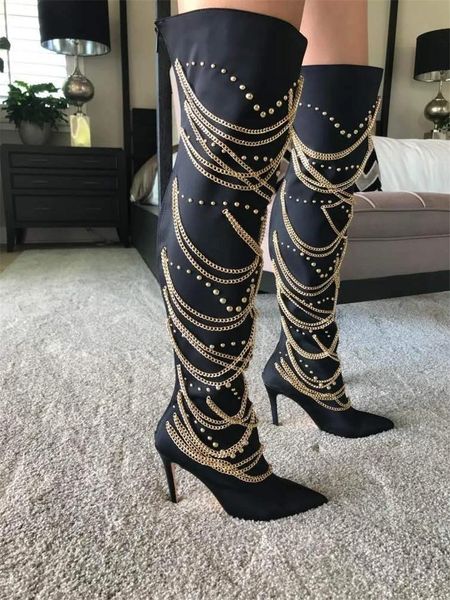 boots fashion metal chain decor thigh high heels autumn rivet women's pointed toe over knee ladies party winter shoes 2021, Black
boots fashion metal chain decor thigh high heels autumn rivet women's pointed toe over knee ladies party winter shoes 2021, Black