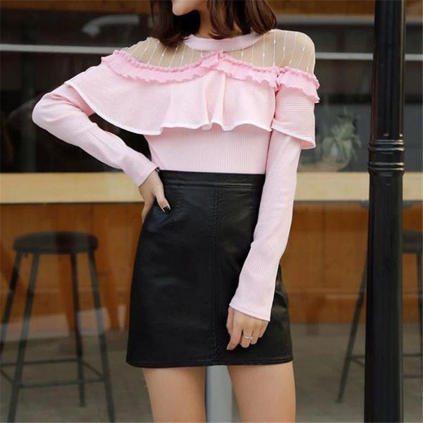 women's blouses & shirts women shirt autumn winter long sleeve lace blouse off shoulder knitted mesh female ruffles short bottoming sf, White
women's blouses & shirts women shirt autumn winter long sleeve lace blouse off shoulder knitted mesh female ruffles short bottoming sf, White