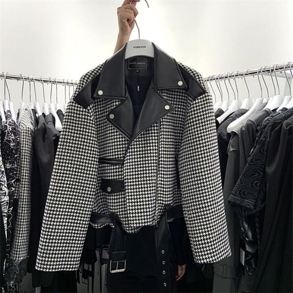 women's leather & faux autumn houndstooth patchwork short jacket black slim lapel long sleeve casual punk moto biker mujer chaqueta
women's leather & faux autumn houndstooth patchwork short jacket black slim lapel long sleeve casual punk moto biker mujer chaqueta