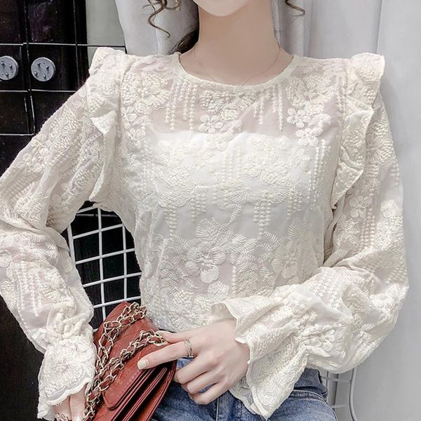 women's blouses & shirts long sleeve embroidery lace blouse shirt women blusas mujer de moda 2021 o-neck blusa e360, White 
women's blouses & shirts long sleeve embroidery lace blouse shirt women blusas mujer de moda 2021 o-neck blusa e360, White