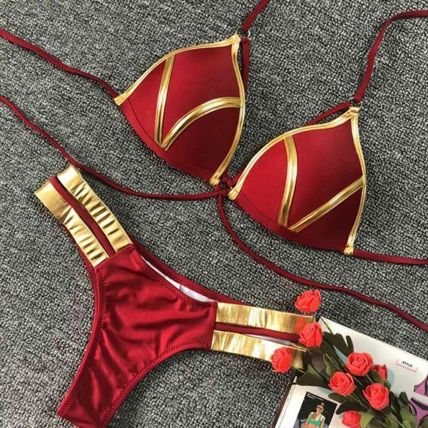 red push up bikini women swimsuits halter biquini padded bathing suit gold stamping brazilian set thong, White;black
red push up bikini women swimsuits halter biquini padded bathing suit gold stamping brazilian set thong, White;black