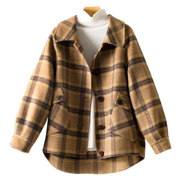 women's wool & blends elegant plaid button up with pocket coat women office lady doll collar long sleeve loose autumn winter camel jack, Black
women's wool & blends elegant plaid button up with pocket coat women office lady doll collar long sleeve loose autumn winter camel jack, Black