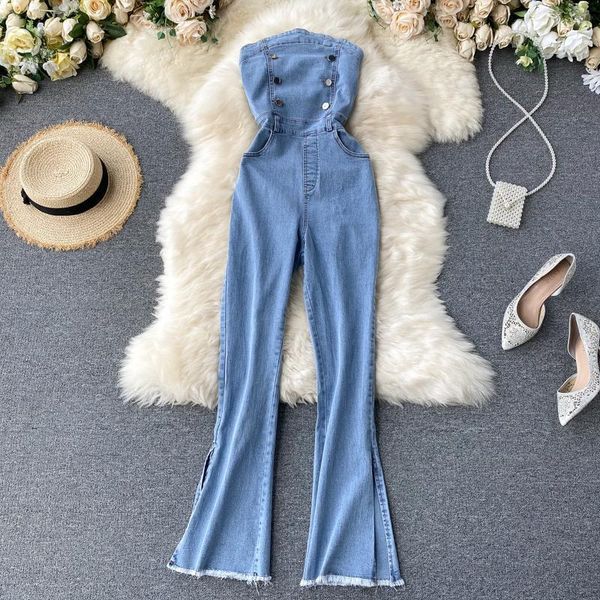 spring fashion ladies strapless breeches buttons pockets split denim leg wide overalls y616 6gd0, Black;white
spring fashion ladies strapless breeches buttons pockets split denim leg wide overalls y616 6gd0, Black;white