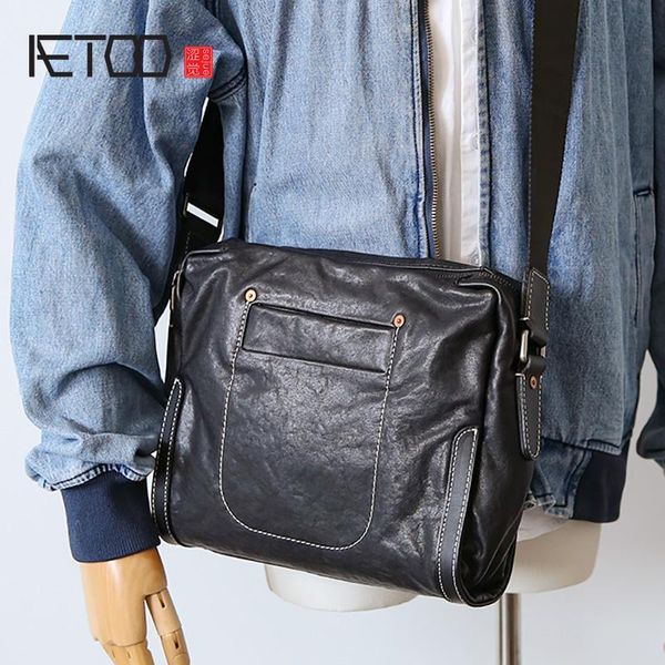 

HBP AETOO Men's Leather Trendy Shoulder Bag, First Layer of Leather Retro Men's Bag, Casual Vegetable Tanned Leather Messenger Bag, Black
