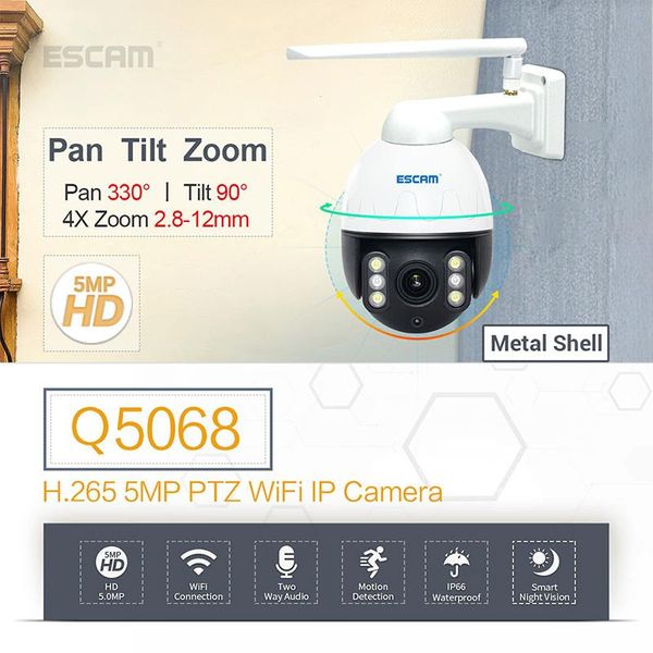 cameras escam q5068 h.265 5mp pan/tilt/4x zoom wifi waterproof ip camera onvif two way talk night vision metal shell surveillance
cameras escam q5068 h.265 5mp pan/tilt/4x zoom wifi waterproof ip camera onvif two way talk night vision metal shell surveillance