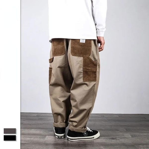 men's pants cargo corduroy patch pocket stitching drawstring straight loose casual black khaki japanese streetwear 
men's pants cargo corduroy patch pocket stitching drawstring straight loose casual black khaki japanese streetwear