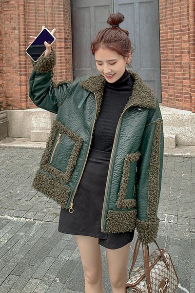 women's fur & faux integrated locomotive lamb coat thickened korean loose 2021 autumn and winter short leather, Black
women's fur & faux integrated locomotive lamb coat thickened korean loose 2021 autumn and winter short leather, Black