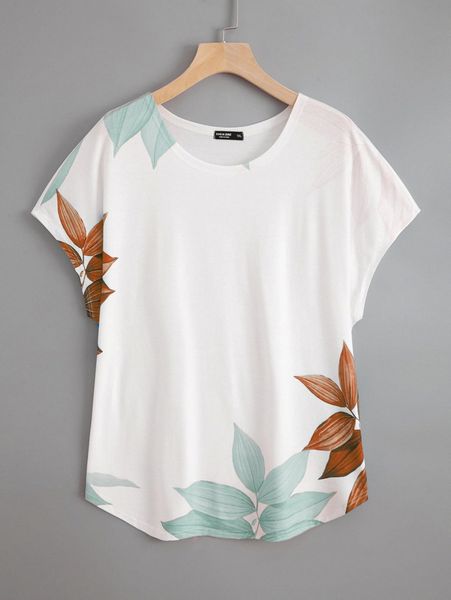 plus floral print batwing sleeve tee m9uy#, Black