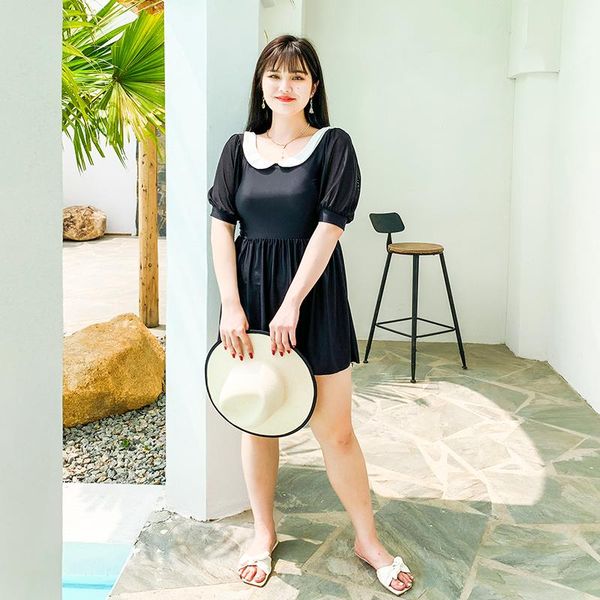 women's swimwear female swimdress cute doll collar plus size short sleeve bathsuit push up padded swimsuit summer beach wear backless, White;black
women's swimwear female swimdress cute doll collar plus size short sleeve bathsuit push up padded swimsuit summer beach wear backless, White;black
