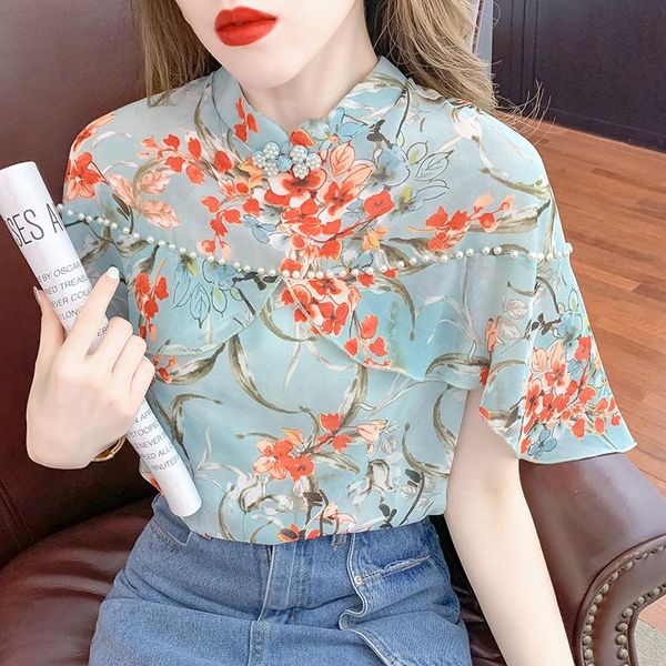 women's blouses & shirts improved cheongsam chiffon ruffle beads vintage print buckle short sleeve chinese casual summer blouse, White
women's blouses & shirts improved cheongsam chiffon ruffle beads vintage print buckle short sleeve chinese casual summer blouse, White