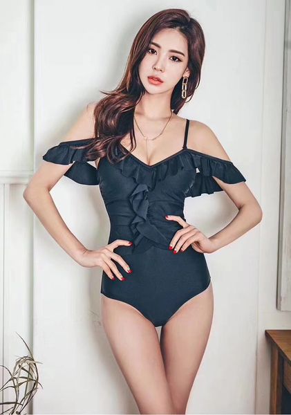 lingerie nightdress ruffle triangle one-piece pajamas, Black;white