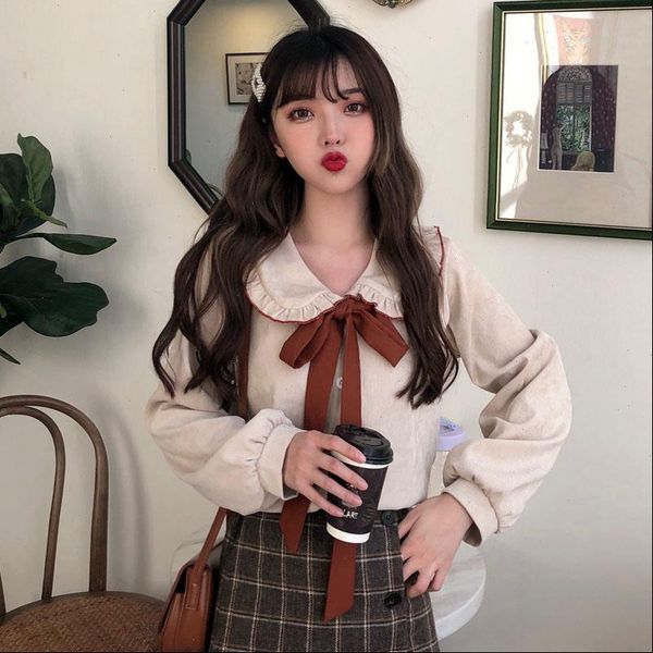 bow flannel women kawaii shirt ruffles collar long sleeve soft warm slim shirts blouses for sweet girl corduroy button, White
bow flannel women kawaii shirt ruffles collar long sleeve soft warm slim shirts blouses for sweet girl corduroy button, White