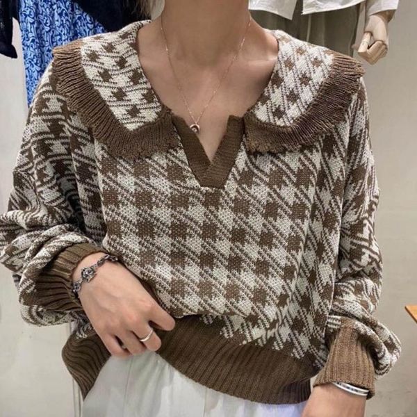 women's sweaters classic houndstooth sweater women fall casual loose large lapel v-neck arygle knitted pullovers female warm soft jumpe, White;black
women's sweaters classic houndstooth sweater women fall casual loose large lapel v-neck arygle knitted pullovers female warm soft jumpe, White;black