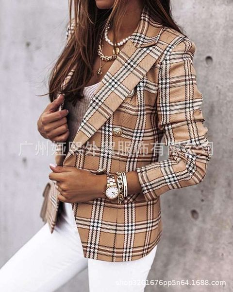 women's long sleeve casual khaki plaid double breasted pocket coat, Black;brown
women's long sleeve casual khaki plaid double breasted pocket coat, Black;brown
