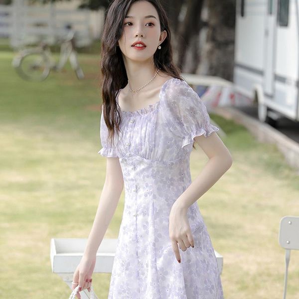 party dresses a-line tea break skirt female summer french style puff sleeve chiffon first love temperament floral dress thin section, White;black 
party dresses a-line tea break skirt female summer french style puff sleeve chiffon first love temperament floral dress thin section, White;black