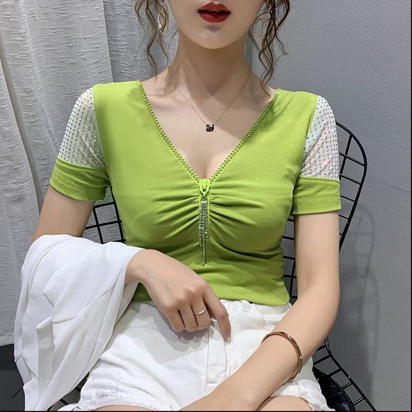 summer korean clothes t shirt fashion patchwork diamonds v neck zipper drape women ropa mujer cotton shirt tees new t06205, White
summer korean clothes t shirt fashion patchwork diamonds v neck zipper drape women ropa mujer cotton shirt tees new t06205, White