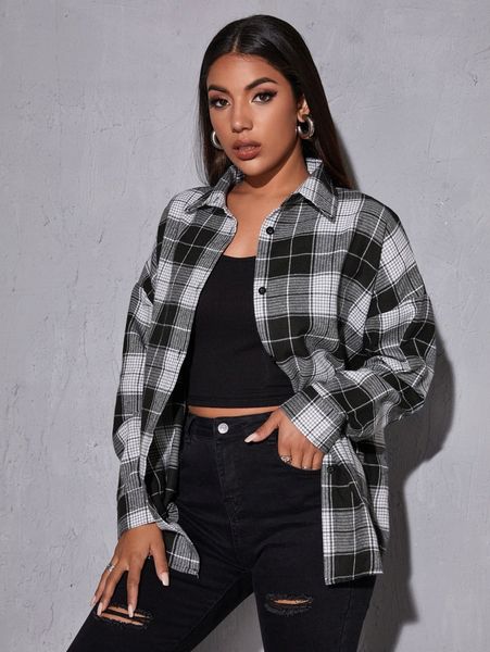 drop shoulder plaid curved hem oversized blouse q59o#, White