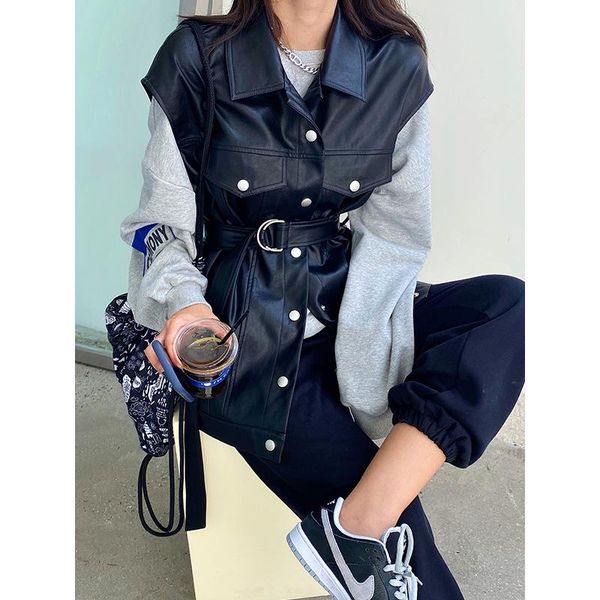 women's vests winter faux leather jacket zipper short sleeve sleeveless pu casual large pocket drop shoulder 2021 women, Black;white
women's vests winter faux leather jacket zipper short sleeve sleeveless pu casual large pocket drop shoulder 2021 women, Black;white