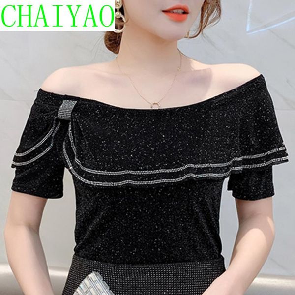 women's t-shirt summer korean clothes ruffles mesh girls fashion boat neck women short sleeve shiny diamonds tees 2021 t12910a, White
women's t-shirt summer korean clothes ruffles mesh girls fashion boat neck women short sleeve shiny diamonds tees 2021 t12910a, White