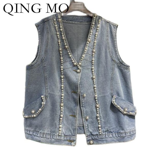 women's vests qing mo spring and summer fashion denim vest women jacket with beaded v-neck loose zwl082, Black;white
women's vests qing mo spring and summer fashion denim vest women jacket with beaded v-neck loose zwl082, Black;white