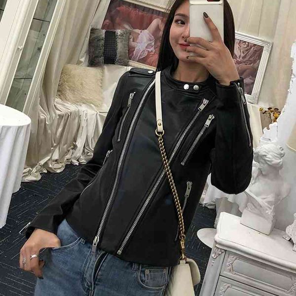 women's jackets jackets natural women lambskin bomber biker jacket long sleeves 100% sheepskin leather 8e7d, Black;brown