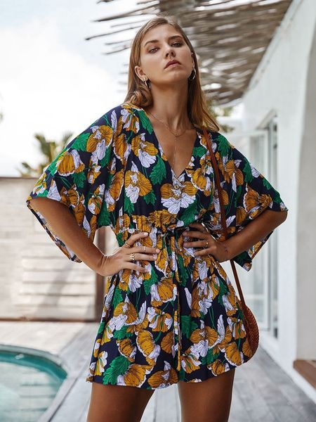 2021 new print v-neck cotton rompers women lace up jumpsuits summer casual wide leg overalls fashion loose boho strap playsuits g1as, Gray