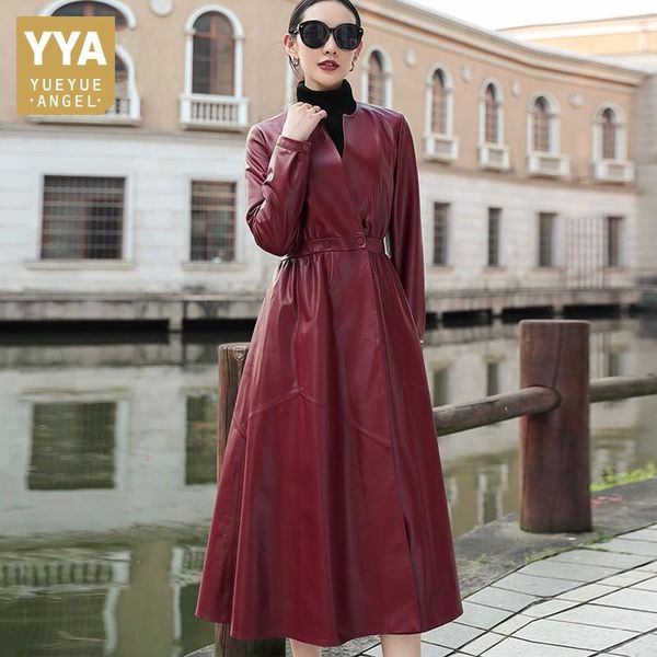women's leather & faux designer slim long trench coat female streetwear v-neck genuine sheepskin overcoat office lady windbreaker outwe, Black
women's leather & faux designer slim long trench coat female streetwear v-neck genuine sheepskin overcoat office lady windbreaker outwe, Black