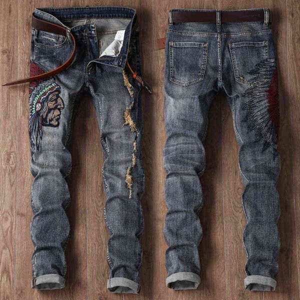 embroidered european men's pants tide brand personalized indian head heavy industry small leg, Blue
embroidered european men's pants tide brand personalized indian head heavy industry small leg, Blue