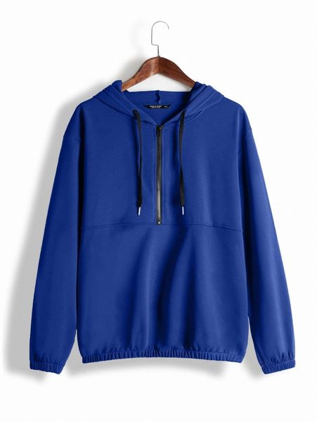 plus solid half zip drawstring hoodie h48z#, Black