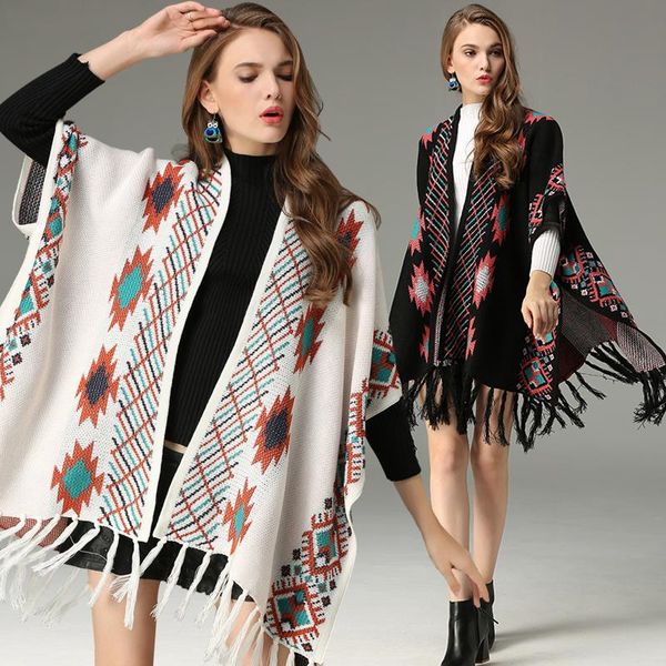 women's sweaters 2021 autumn women sweater coat national style vintage jacquard knitted cardigan cloak fashion tassel hem loose cape, White;black
women's sweaters 2021 autumn women sweater coat national style vintage jacquard knitted cardigan cloak fashion tassel hem loose cape, White;black