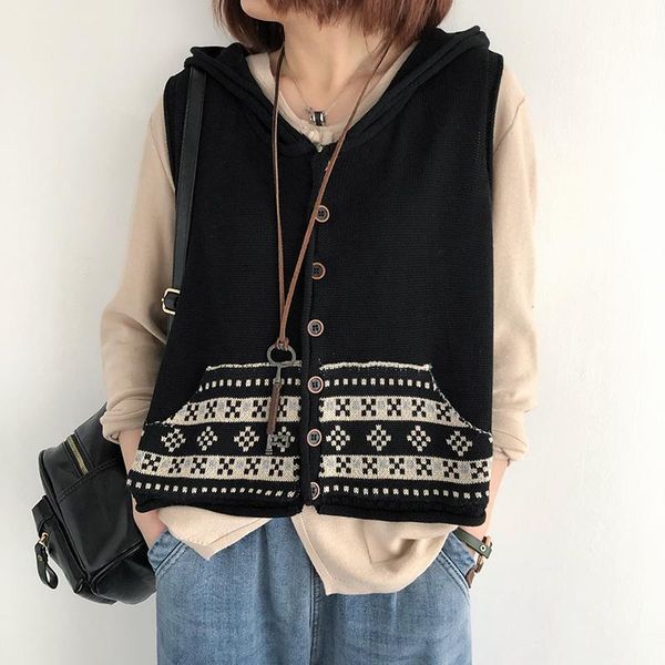 women's vests spring loose knit vest casual outer literary retro stitching hooded ladies waistcoat jacket, Black;white
women's vests spring loose knit vest casual outer literary retro stitching hooded ladies waistcoat jacket, Black;white
