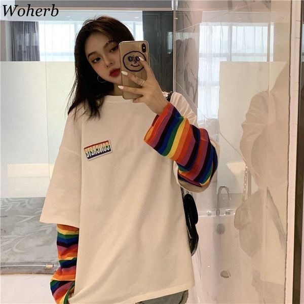 woherb rainbow striped fake two pieces t shirt women casual loose harajuku bf female korean fashion new streetwear 91296 210302, White
woherb rainbow striped fake two pieces t shirt women casual loose harajuku bf female korean fashion new streetwear 91296 210302, White