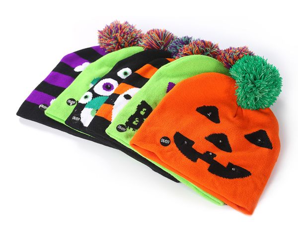 Image of LED Halloween Pumpkin Hat with Ball Beanie Knitted Hats Party Adult Children&#039;s cap Decoration Gift XDJ031