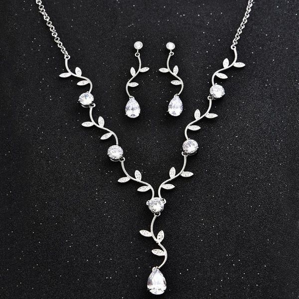 earrings & necklace quality cubic zirconia plant chains and water drop pendant royal bridal wedding evening earring jewelry set for women, Silver
earrings & necklace quality cubic zirconia plant chains and water drop pendant royal bridal wedding evening earring jewelry set for women, Silver