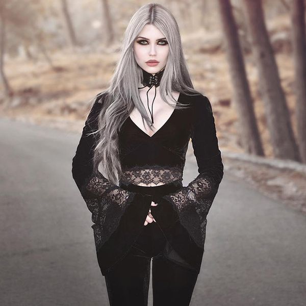 women gothic crop flare long sleeve lace hollow out black t-shirt retro bodycon female v-neck elegant top, White
women gothic crop flare long sleeve lace hollow out black t-shirt retro bodycon female v-neck elegant top, White