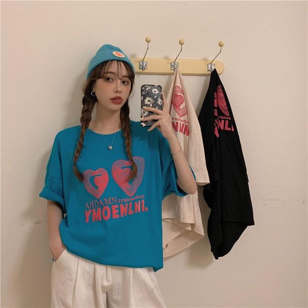 women's t-shirt summer korean style loose love heart print short-sleeved for women, White
women's t-shirt summer korean style loose love heart print short-sleeved for women, White