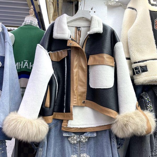 women's leather & faux 2021 autumn fashion pu color contrast patchwork fur coat winter long sleeve irregular hem female short outerwear, Black
women's leather & faux 2021 autumn fashion pu color contrast patchwork fur coat winter long sleeve irregular hem female short outerwear, Black
