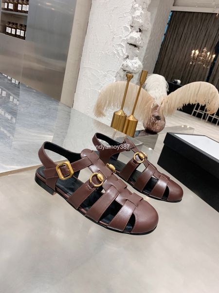 sandals summer bag round head one button leather open toe sandals women's flat shoes, Black
sandals summer bag round head one button leather open toe sandals women's flat shoes, Black