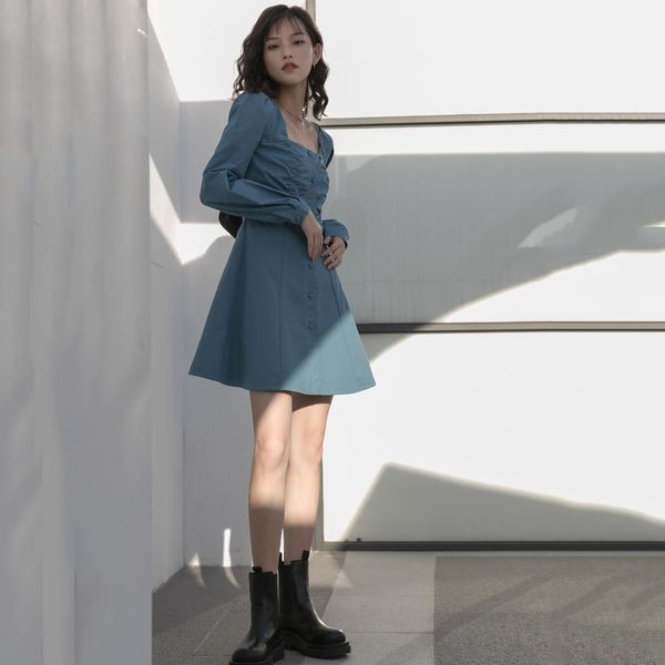 long sleeve dress women square collar french style high waist korean version a-line mini dresses retro chic vestidos, Black;gray
long sleeve dress women square collar french style high waist korean version a-line mini dresses retro chic vestidos, Black;gray