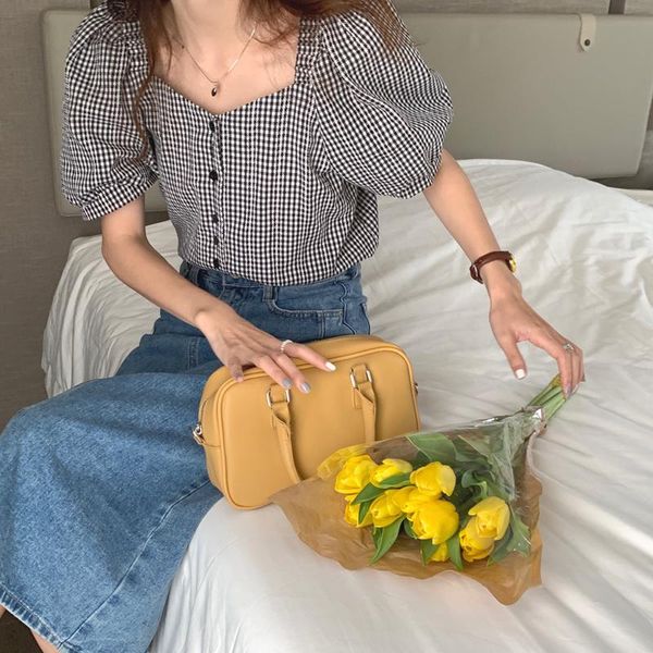 women's blouses & shirts summer square collar plaid shirt wild loose solid color short-sleeved blouse female, White
women's blouses & shirts summer square collar plaid shirt wild loose solid color short-sleeved blouse female, White