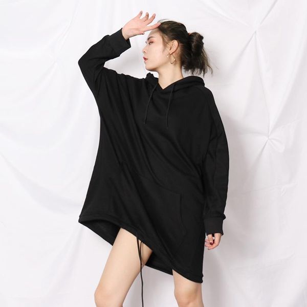 2021 spring solid color women's clothing hooded loose-fitting large-size bat long-sleeve irregular tie with a guard women's top, Black
2021 spring solid color women's clothing hooded loose-fitting large-size bat long-sleeve irregular tie with a guard women's top, Black