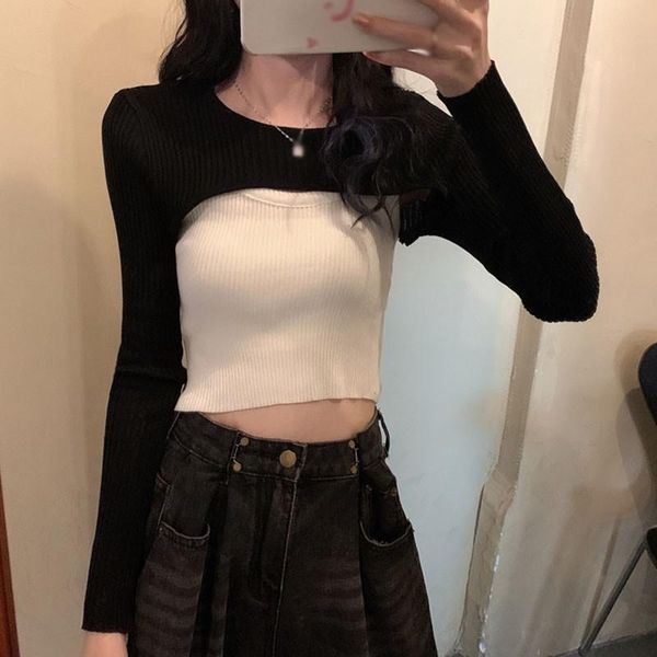 women's sweaters autumn pullovers women layered long sleeve short korean slim-fit tight sweater and all-match sling, White;black
women's sweaters autumn pullovers women layered long sleeve short korean slim-fit tight sweater and all-match sling, White;black