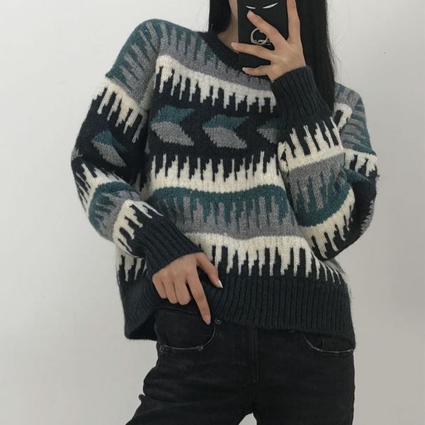 2021 autumn and winter new intarsia retro geometric round neck loose wild women's pullover spwf, White;black
2021 autumn and winter new intarsia retro geometric round neck loose wild women's pullover spwf, White;black