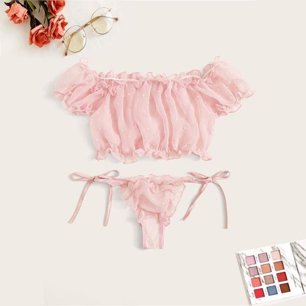 2019 new lace pajamas set women's underwear swiss dot off shoulder ruffle lingerie set bandage-style panties low cut thong, Black;red
2019 new lace pajamas set women's underwear swiss dot off shoulder ruffle lingerie set bandage-style panties low cut thong, Black;red