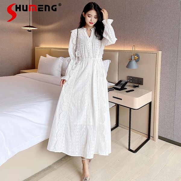casual dresses fashion white v-neck long sleeve stitching dress for female 2021 spring retro hollow out lace ankle-high ladies, Black;gray 
casual dresses fashion white v-neck long sleeve stitching dress for female 2021 spring retro hollow out lace ankle-high ladies, Black;gray