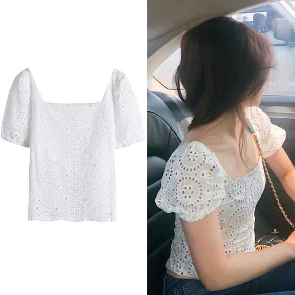summer puff short sleeve short blouse lace white hollow out square neck korean cute all-match t-shirt female 210527
summer puff short sleeve short blouse lace white hollow out square neck korean cute all-match t-shirt female 210527