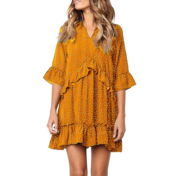 2021 spring and summer fashion women's v-neck ruffle middle sleeve knee length skirt wave point chiffon dress, Black
2021 spring and summer fashion women's v-neck ruffle middle sleeve knee length skirt wave point chiffon dress, Black