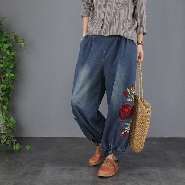 women's jeans autumn women loose retro denim pants harem pocket casual elastic waist flower embroidery trousers, Blue
women's jeans autumn women loose retro denim pants harem pocket casual elastic waist flower embroidery trousers, Blue