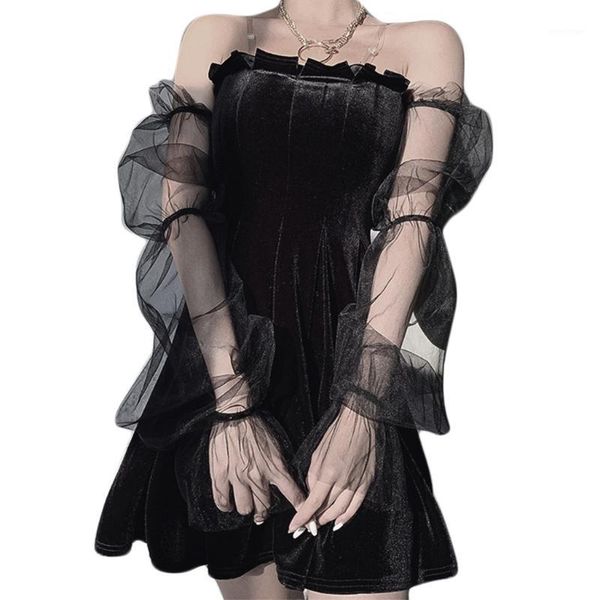 casual dresses dark gothic lolita women black velvet mini slim dress mesh lantern sleeve off shoulder pleated ruffles high waist party, Black;gray
casual dresses dark gothic lolita women black velvet mini slim dress mesh lantern sleeve off shoulder pleated ruffles high waist party, Black;gray