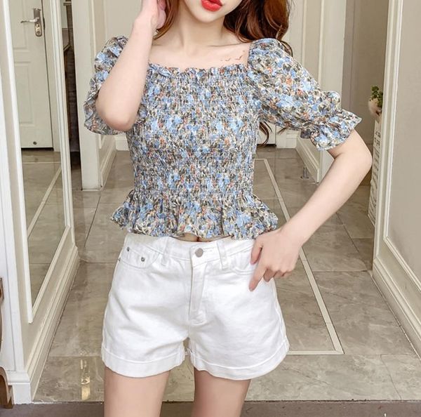 women's t-shirt women summer floral shirt adults off-shoulder smocked puff sleeve square collar pullover t-shirts, White 
women's t-shirt women summer floral shirt adults off-shoulder smocked puff sleeve square collar pullover t-shirts, White